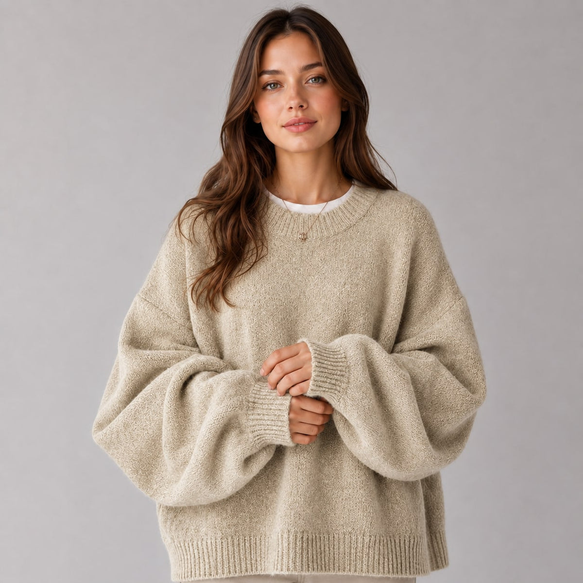 Women Jumper Round Neck Knit with Drop Shoulders and Splits 5