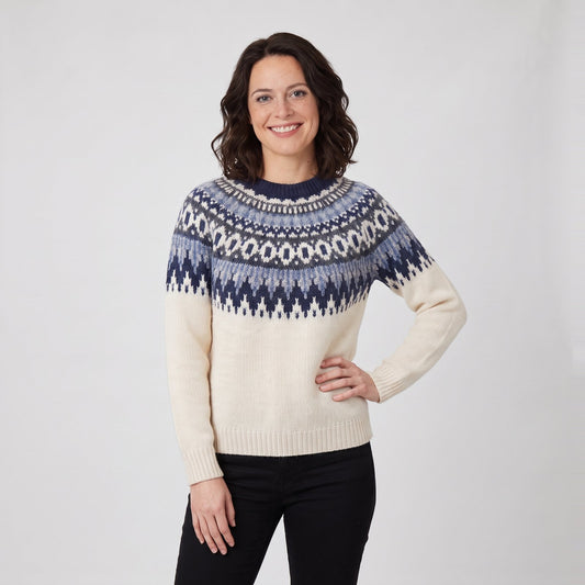 Woman wearing the fair isle knit jumper with patterned yoke