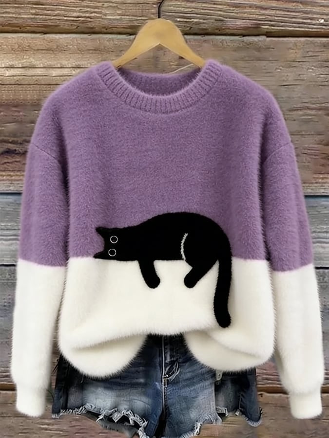 Women's Cat Print Jumper, Casual Relaxed Fit 10