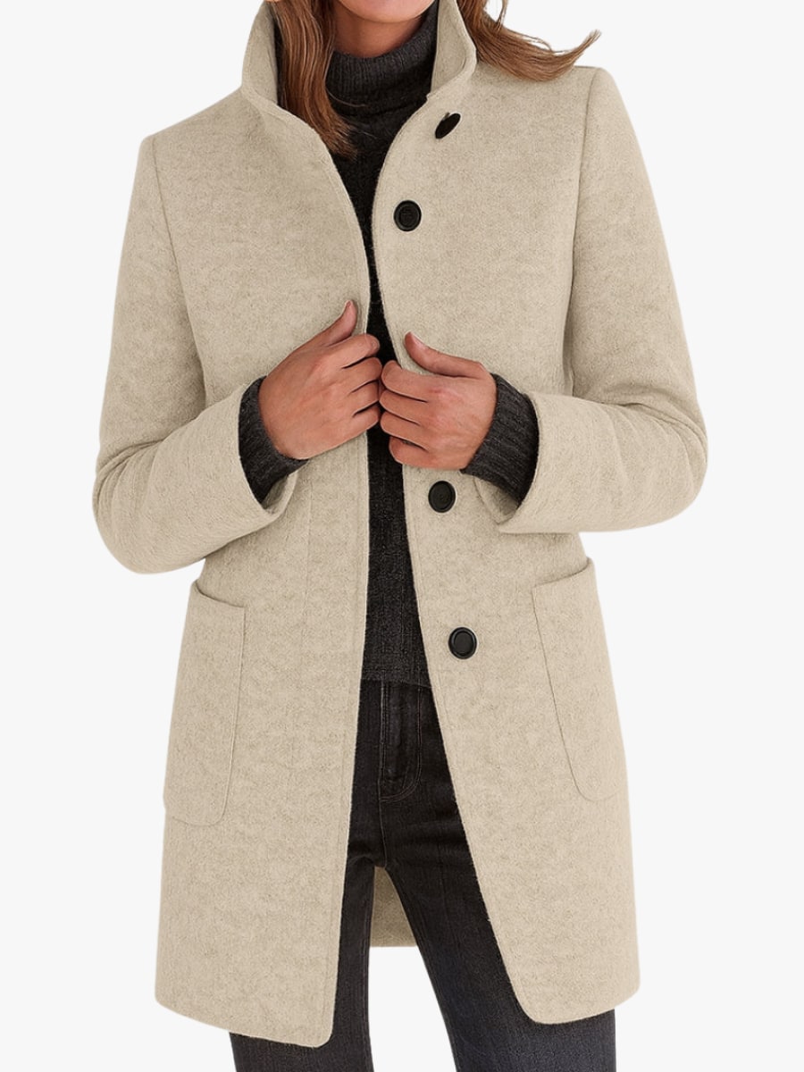 Women's Elegant Wool-Look Coat, Stand Collar & Straight Cut 1