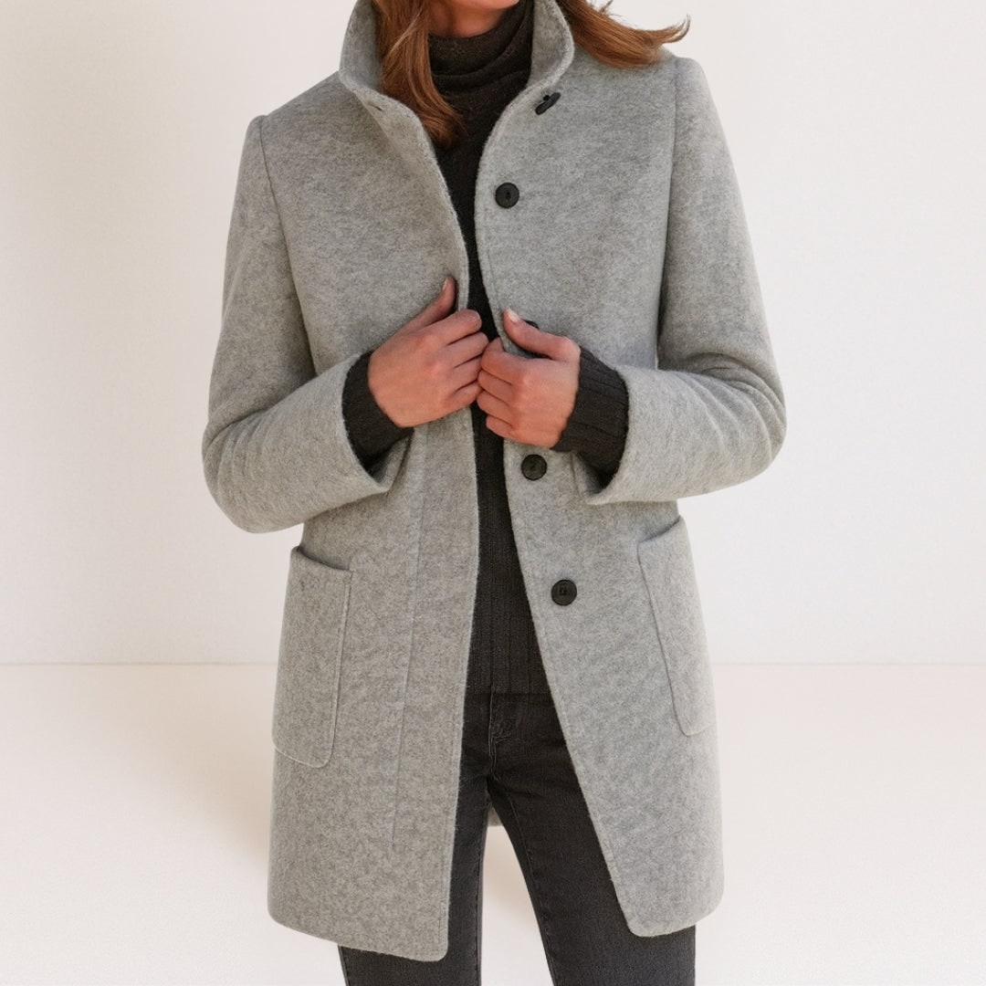 Women's Elegant Wool-Look Coat, Stand Collar & Straight Cut 3