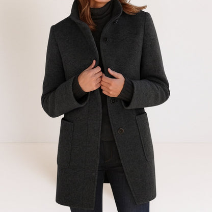 Women's Elegant Wool-Look Coat, Stand Collar & Straight Cut 4