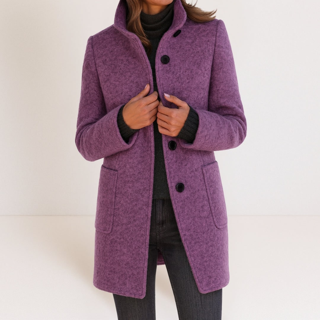 Women's Elegant Wool-Look Coat, Stand Collar & Straight Cut 6