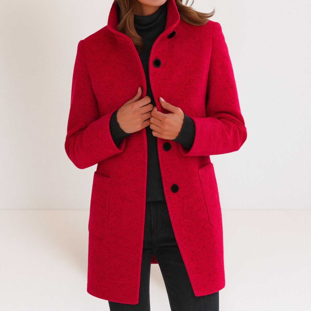 Women's Elegant Wool-Look Coat, Stand Collar & Straight Cut 7