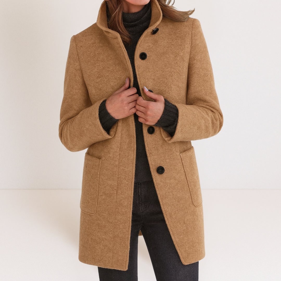 Women's Elegant Wool-Look Coat, Stand Collar & Straight Cut 8
