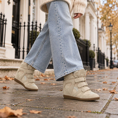 Women's Hidden Wedge High-Top Sneakers, Suede Look with Velcro Straps 1
