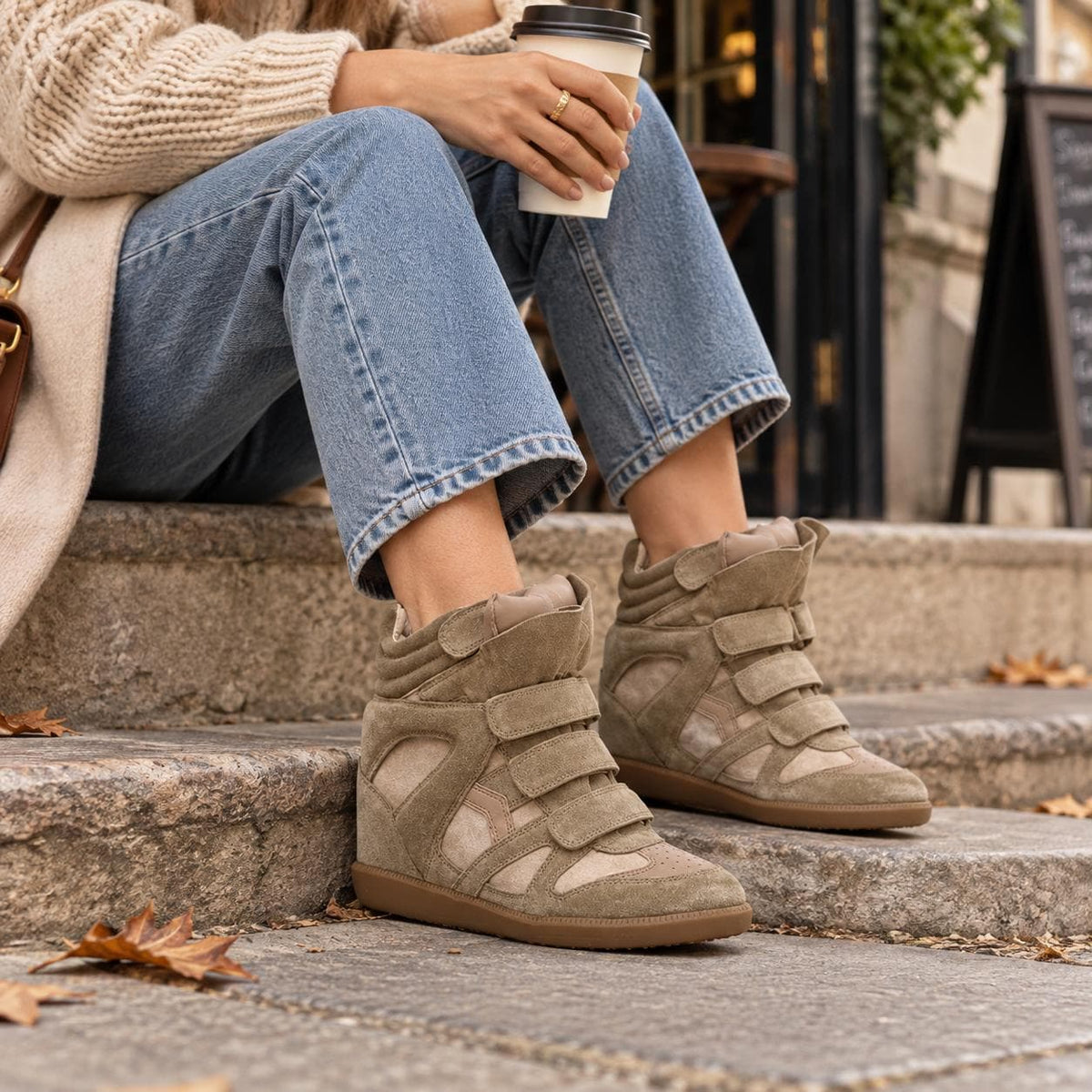 Women's Hidden Wedge High-Top Sneakers, Suede Look with Velcro Straps 3
