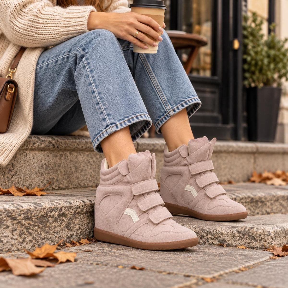 Women's Hidden Wedge High-Top Sneakers, Suede Look with Velcro Straps 5
