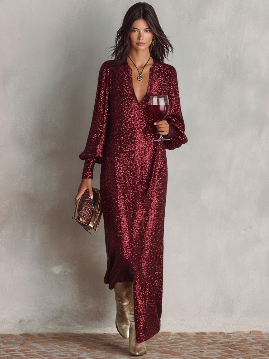 Women's Shimmering Maxi Party Gown, Long Sleeve V-Neck Evening Dress 2