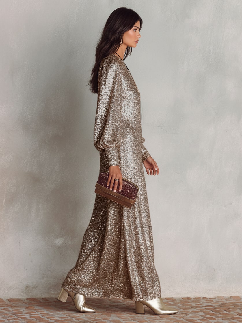 Women's Shimmering Maxi Party Gown, Long Sleeve V-Neck Evening Dress 5