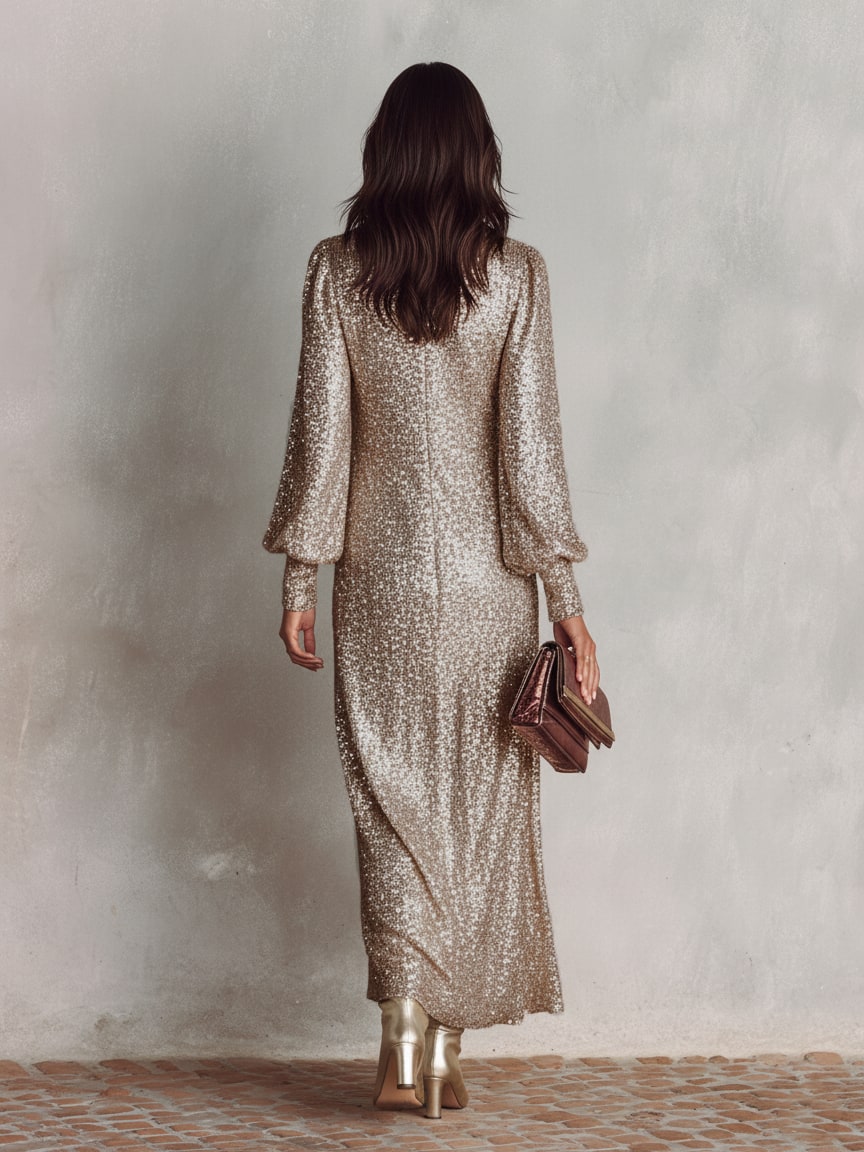 Women's Shimmering Maxi Party Gown, Long Sleeve V-Neck Evening Dress 6