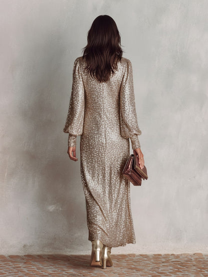 Women's Shimmering Maxi Party Gown, Long Sleeve V-Neck Evening Dress 6
