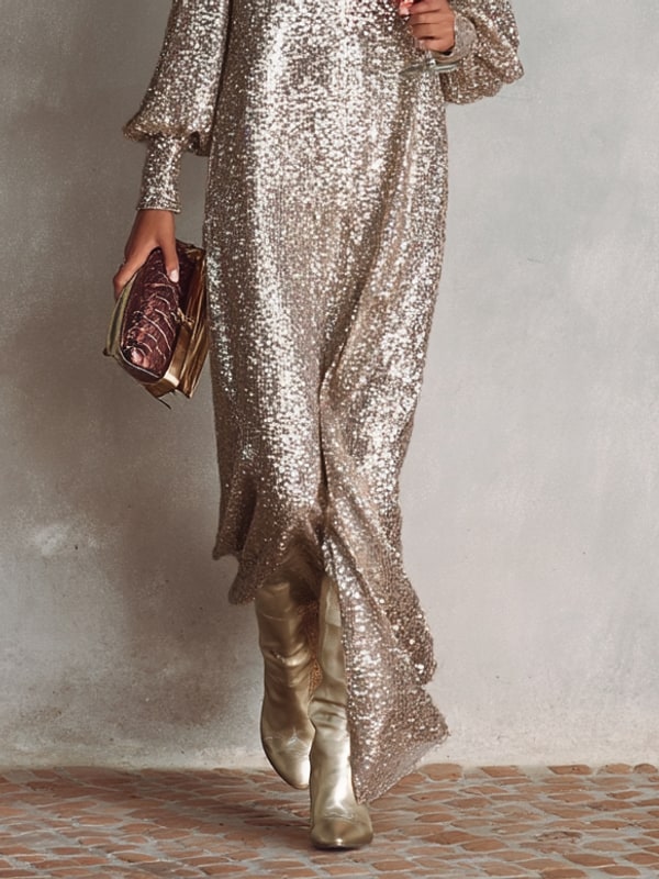 Women's Shimmering Maxi Party Gown, Long Sleeve V-Neck Evening Dress 8