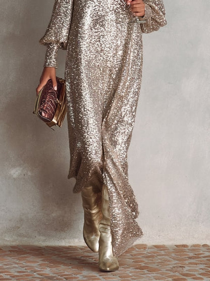Women's Shimmering Maxi Party Gown, Long Sleeve V-Neck Evening Dress 8