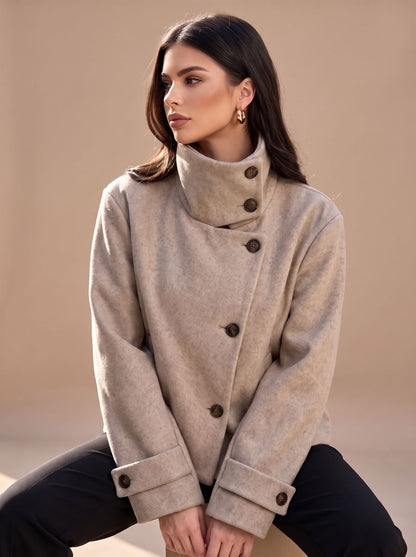 Women's Short Wool-Look Coat with Stand Collar and Button Front 2