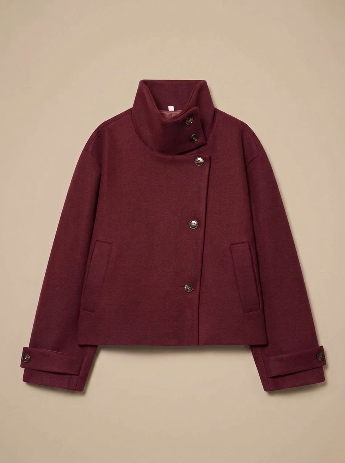 Women's Short Wool-Look Coat with Stand Collar and Button Front 4