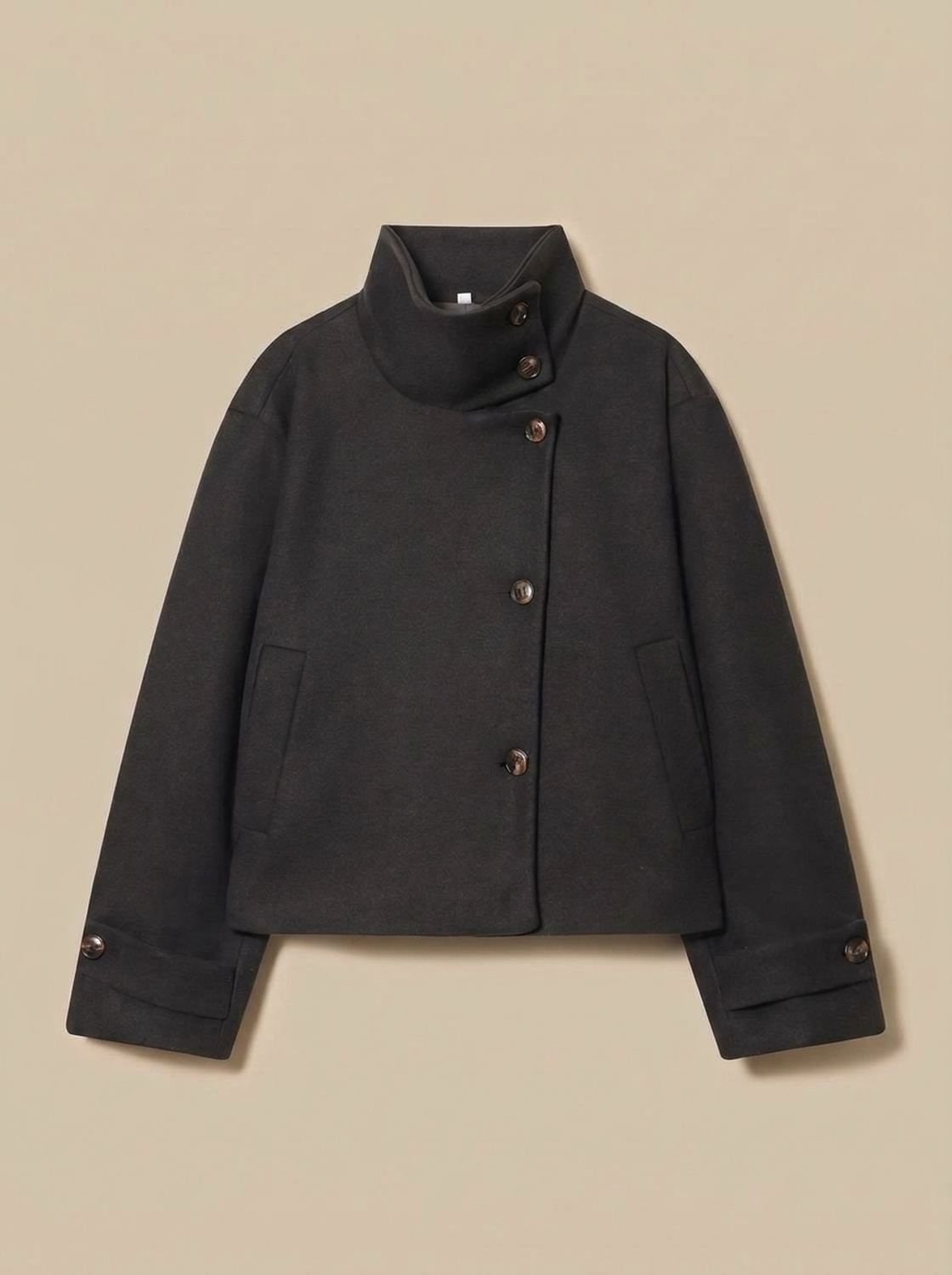 Women's Short Wool-Look Coat with Stand Collar and Button Front 5
