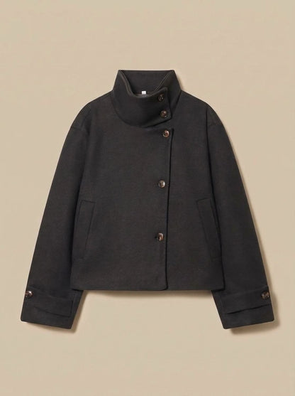 Women's Short Wool-Look Coat with Stand Collar and Button Front 5