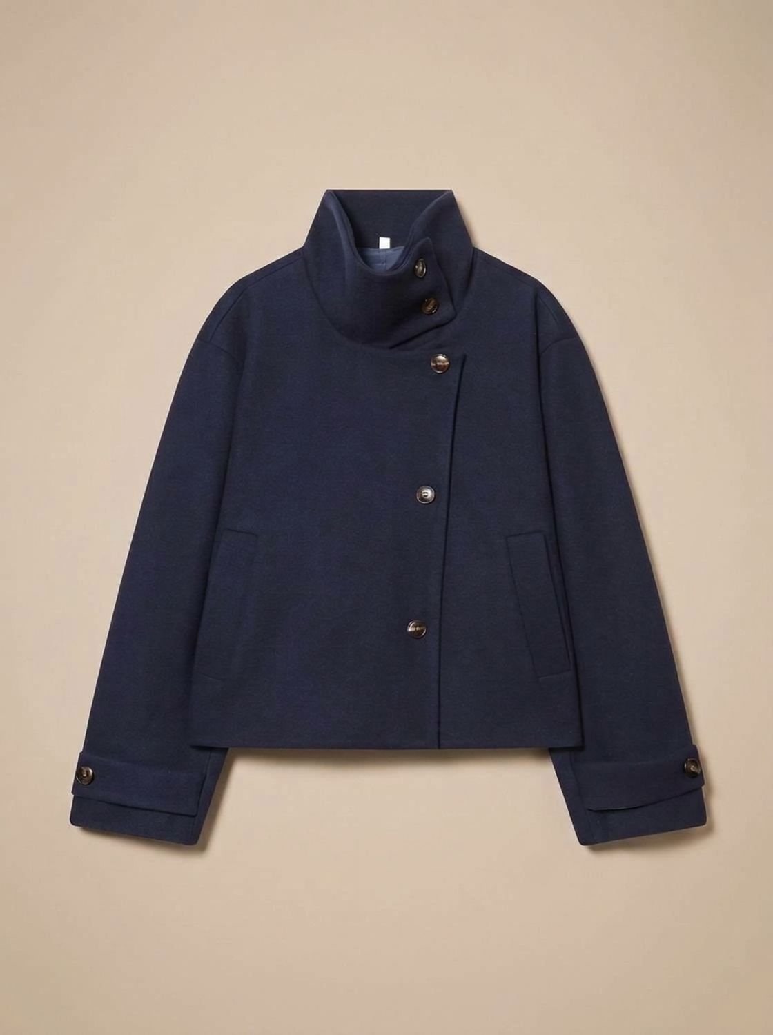 Women's Short Wool-Look Coat with Stand Collar and Button Front 6
