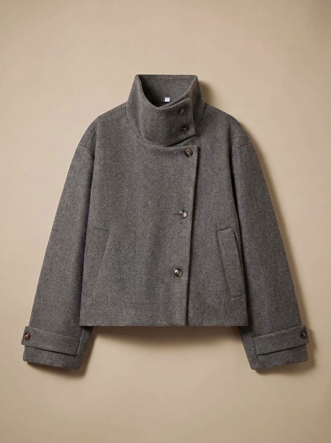 Women's Short Wool-Look Coat with Stand Collar and Button Front 7