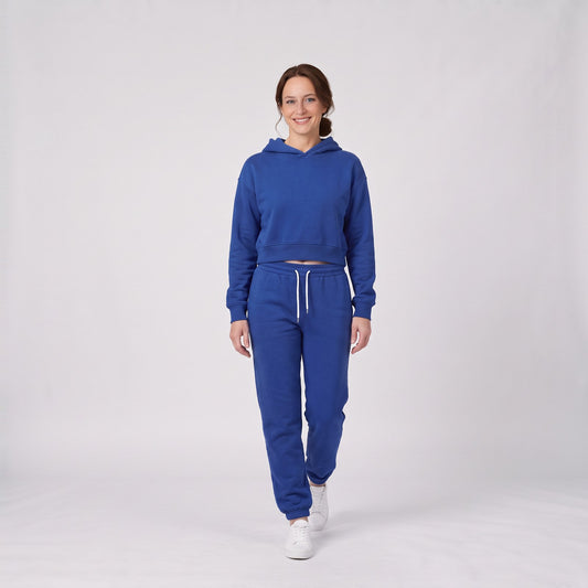 Woman wearing the cropped hoodie and cuffed joggers set