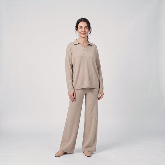 Womens Tracksuit, Knit Lounge Set with Oversized Polo Jumper and Wide Leg Trousers