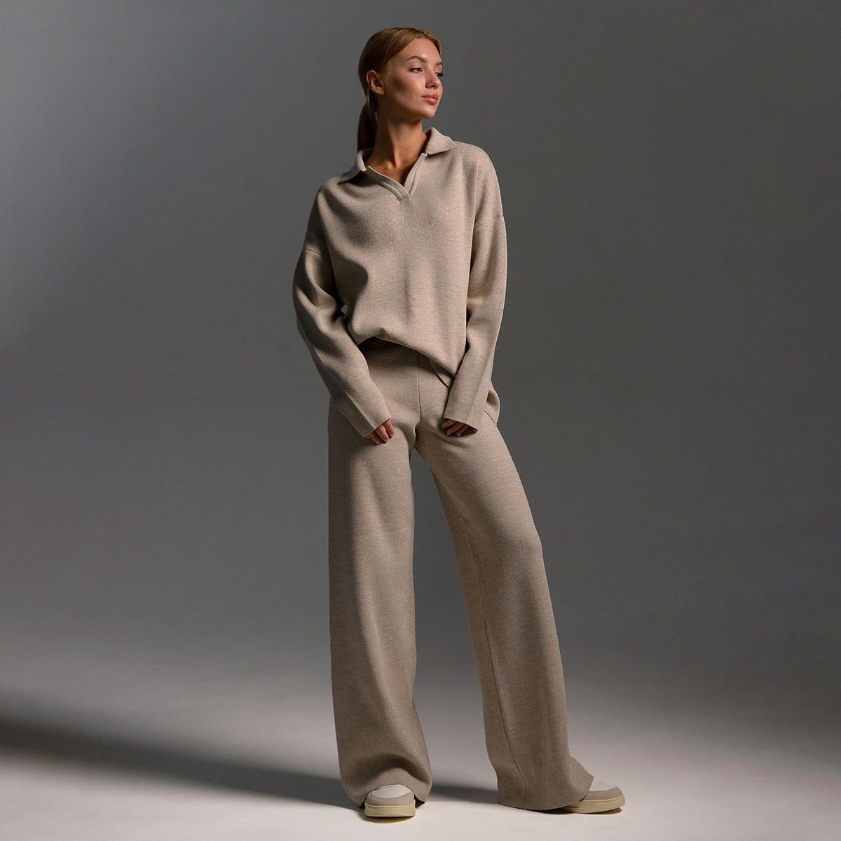 Womens Tracksuit, Knit Lounge Set with Wide Leg Trousers 2