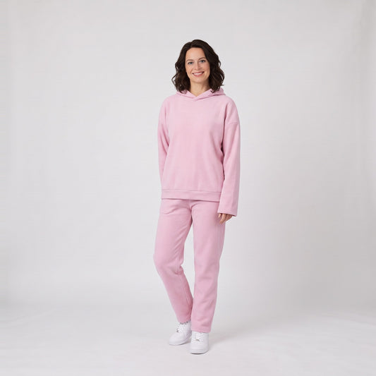 Woman wearing the oversized fleece hoodie and joggers set