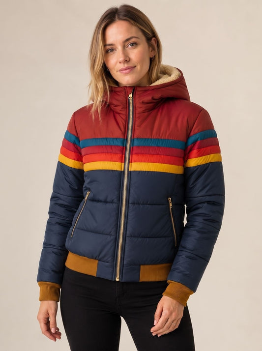 Women's Waterproof Hooded Puffer Jacket, Retro Colourblock Stripes 1