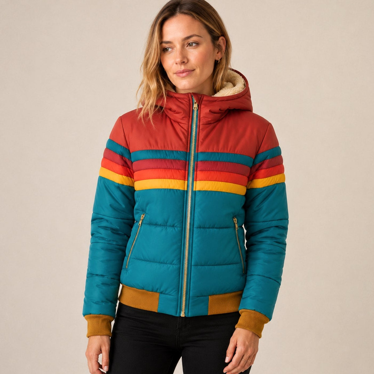 Women's Waterproof Hooded Puffer Jacket, Retro Colourblock Stripes 2