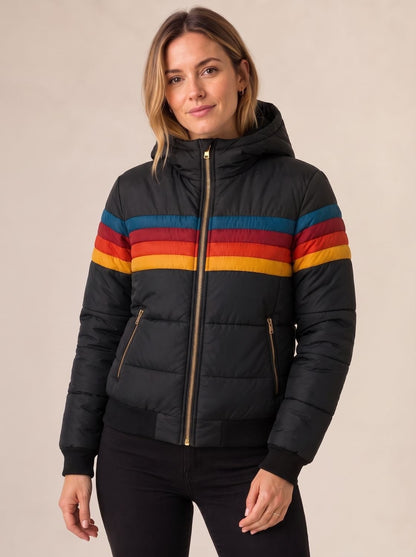 Women's Waterproof Hooded Puffer Jacket, Retro Colourblock Stripes 3