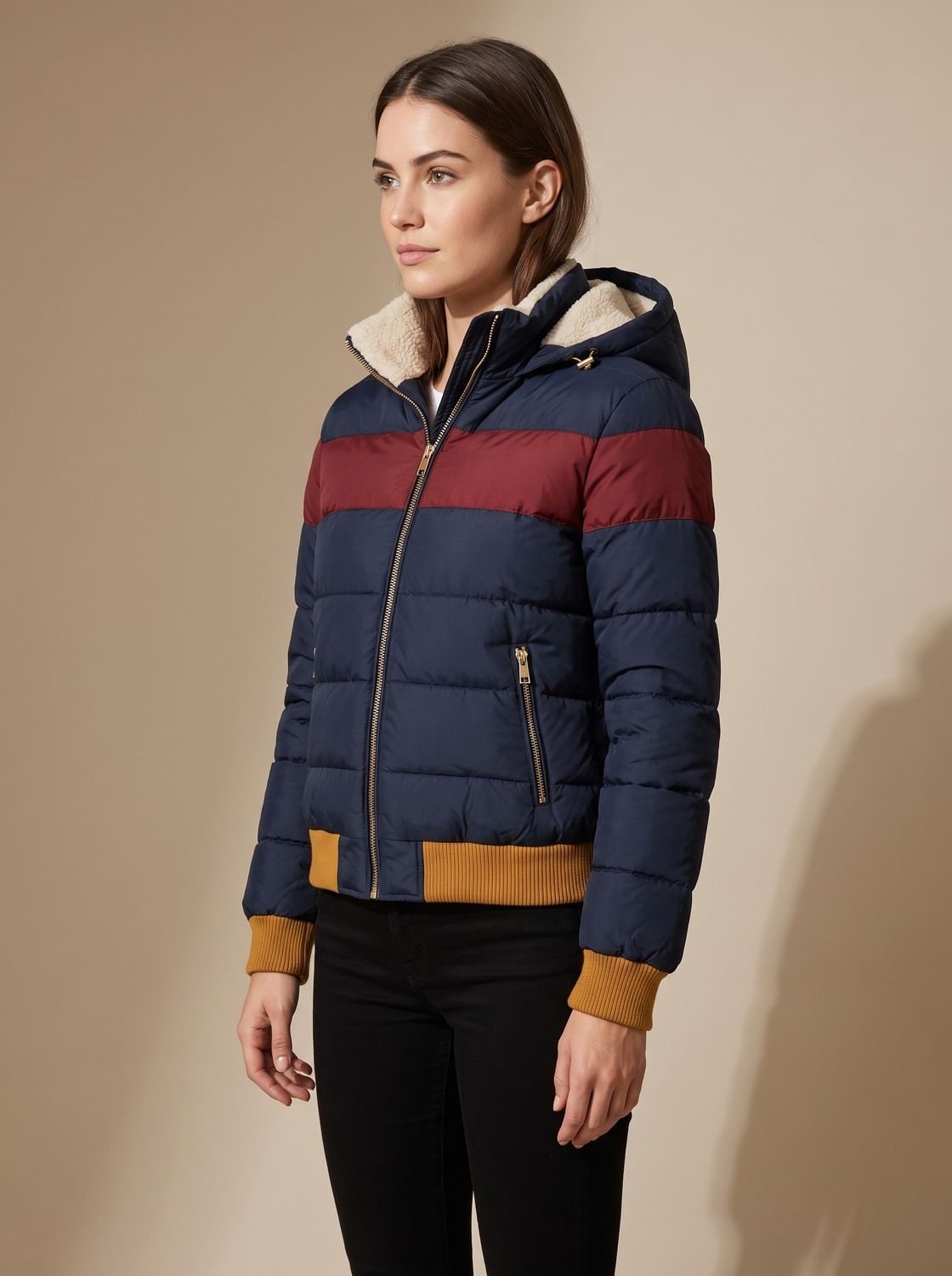 Women's Waterproof Hooded Puffer Jacket, Retro Colourblock Stripes 4