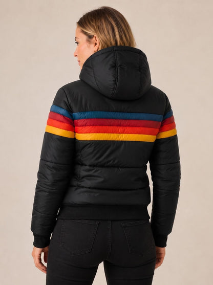 Women's Waterproof Hooded Puffer Jacket, Retro Colourblock Stripes 5