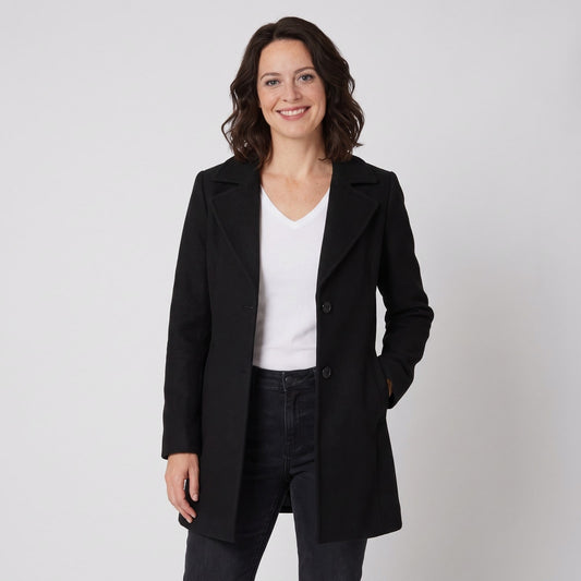 Women's black slim fit winter jacket with lapel collar and button front