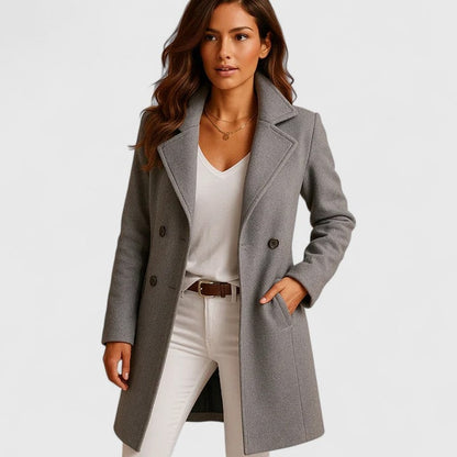 Women's grey slim fit winter coat with lapel collar and button front
