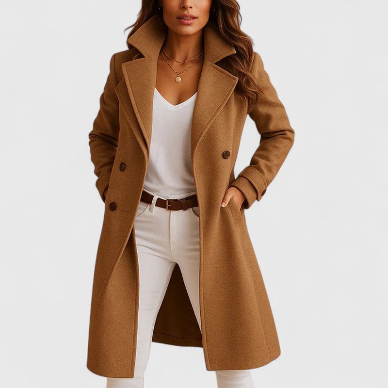 Women's camel slim fit winter coat with lapel collar and button front
