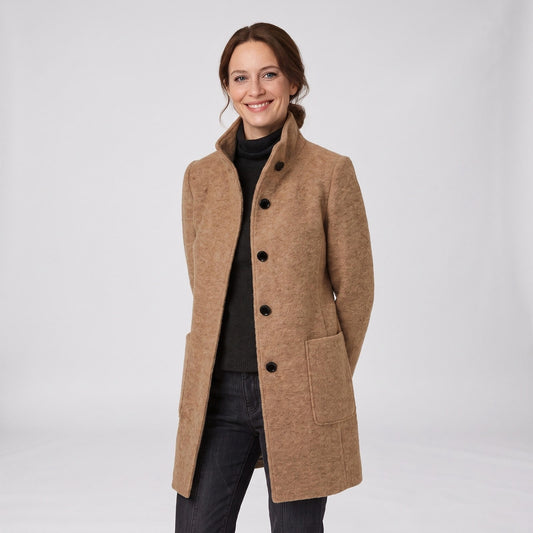 Camel elegant mid-length wool coat with stand collar and button front