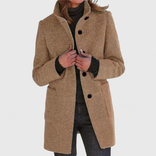 Camel elegant mid-length wool coat with stand collar