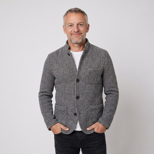 Grey textured wool coat with stand collar, three buttons and patch pockets