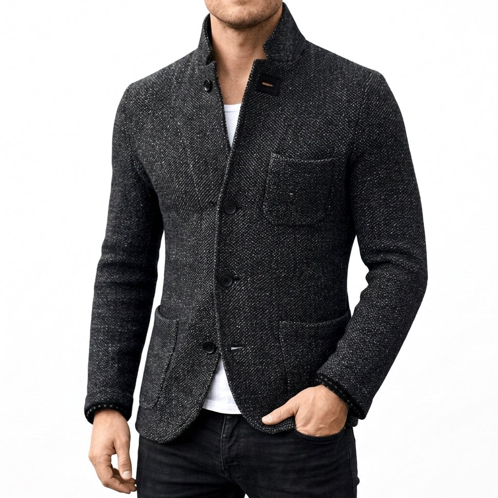 Dark grey textured wool coat with stand collar