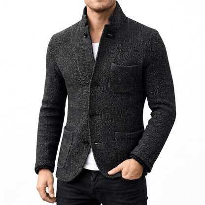 Dark grey textured wool coat with stand collar