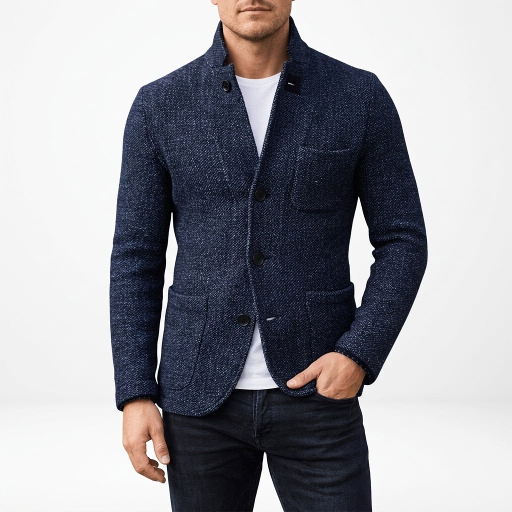 Navy textured wool coat with stand collar