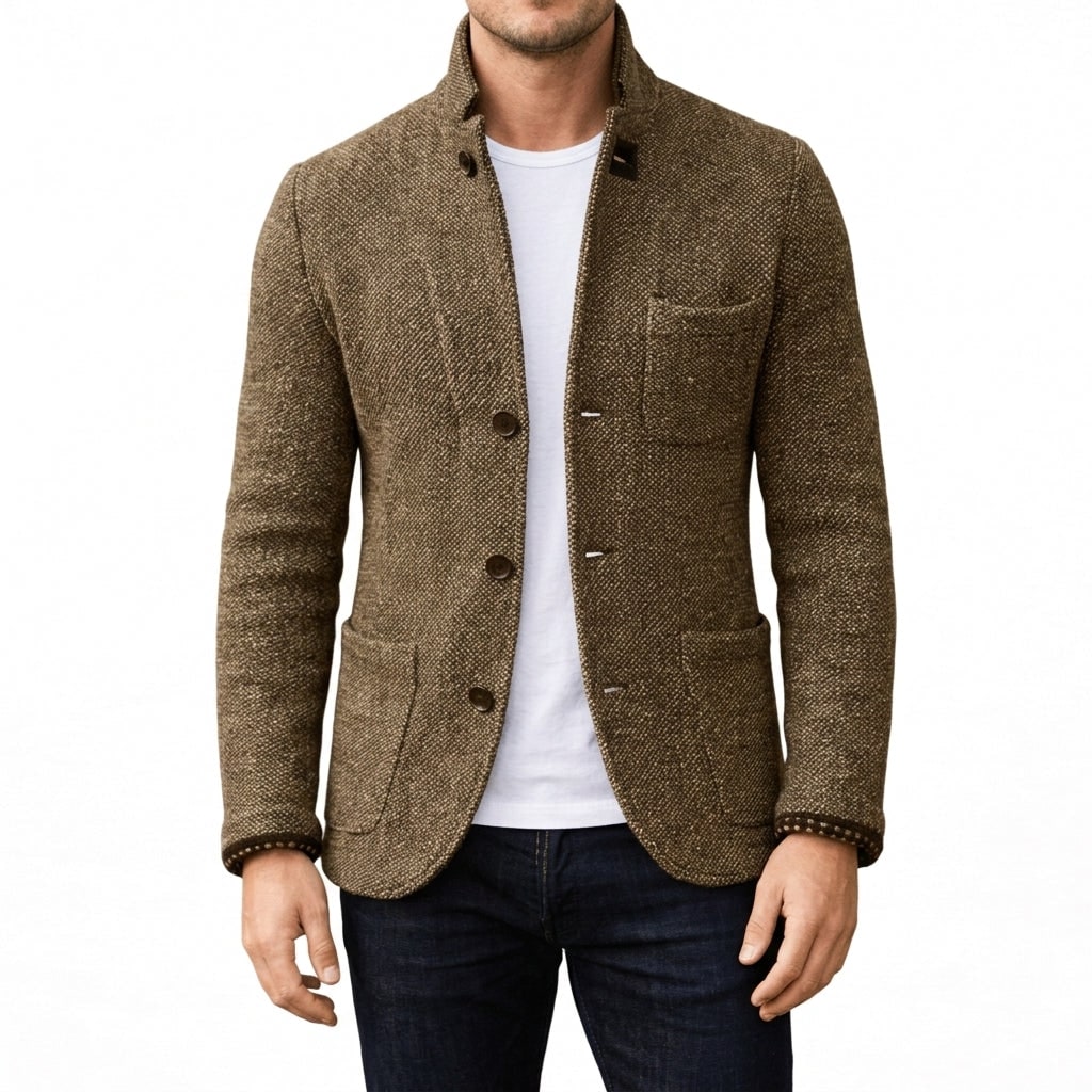 Brown textured wool coat with stand collar