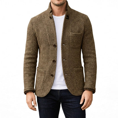 Brown textured wool coat with stand collar