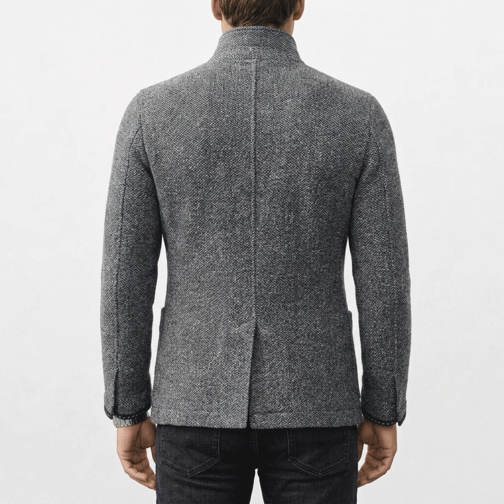 Textured wool coat seen from the back