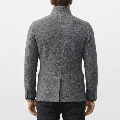Textured wool coat seen from the back