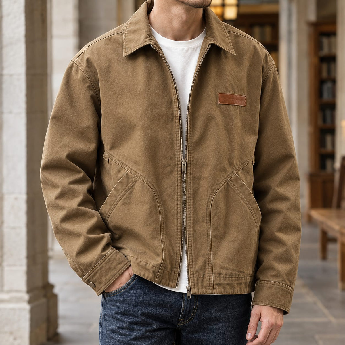 Dark khaki washed canvas workwear jacket