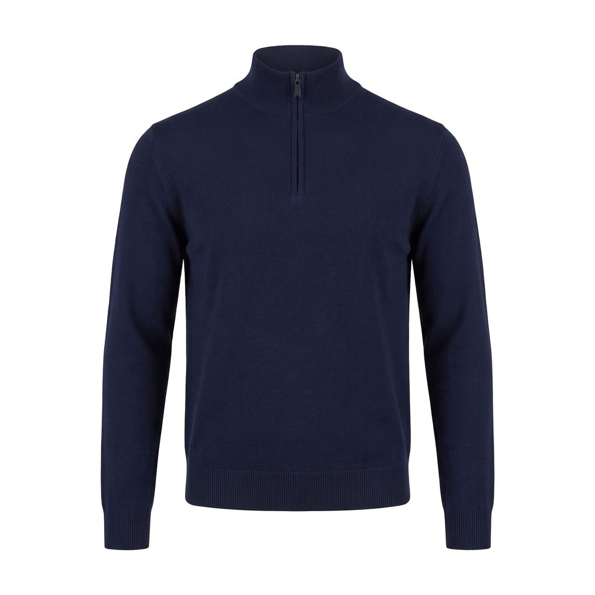 Navy zip neck knit jumper with high structured collar and ribbed trims
