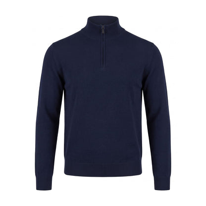 Navy zip neck knit jumper with high structured collar and ribbed trims