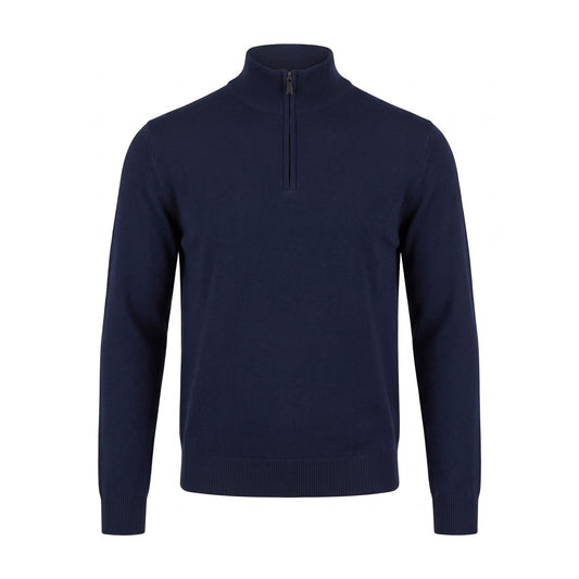 Navy zip neck knit jumper with high structured collar and ribbed trims